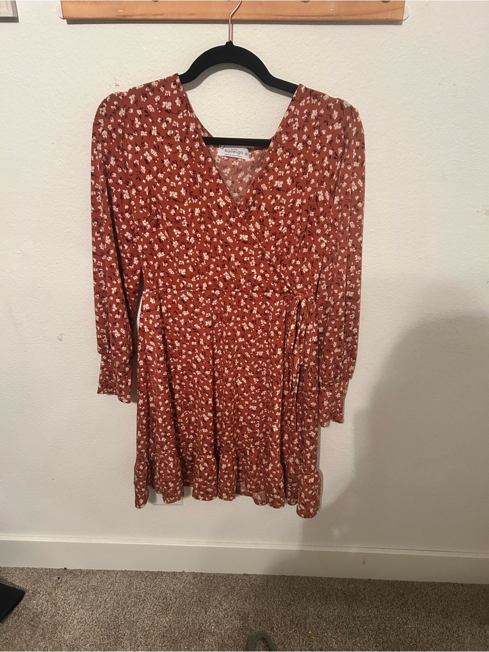 Kaileigh Rust Floral Faux Wrap Dress Petite Medium Boho Cottagecore